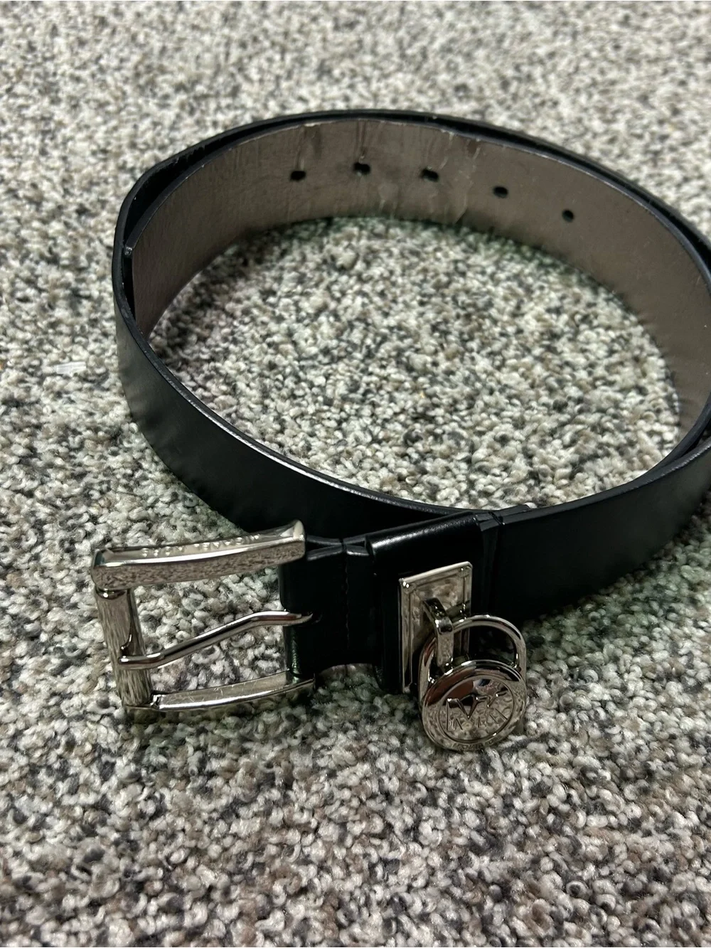 Michael Kors Buckle Belt Women's Size Medium Logo Charm Black Vegan Leather